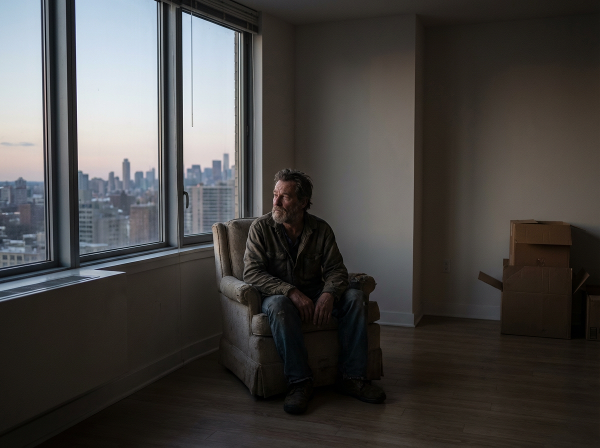 Мужчина средних лет в пустой квартире на закате, задумчиво смотрит в окно, символизируя размышления о прошлом и поиск нового пути.