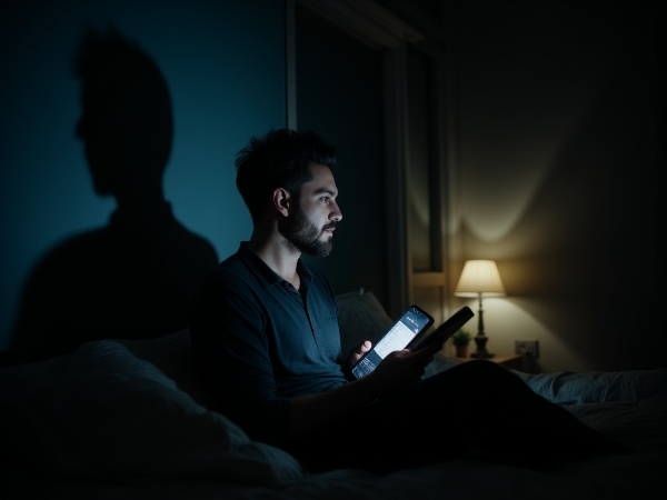 Мужчина вечером в комнате, погруженный в тревожные размышления, с символами поиска смысла и успокаивающим светом.