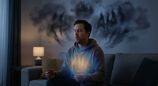 Мужчина в состоянии вечерней тревоги, практикующий техники дыхания и осознанности в уютной комнате.