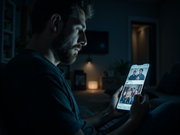 Мужчина средних лет в одиночестве вечером, с телефоном в руках, на экране которого видны соцсети. Эмоциональный конфликт одиночества и надежды на выход из него.