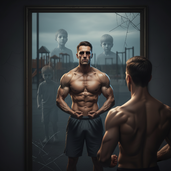 Мужчина у зеркала видит своё отражение, которое символизирует разрыв между внешней физической формой и внутренним чувством неполноценности, с тенями прошлых сравнений.