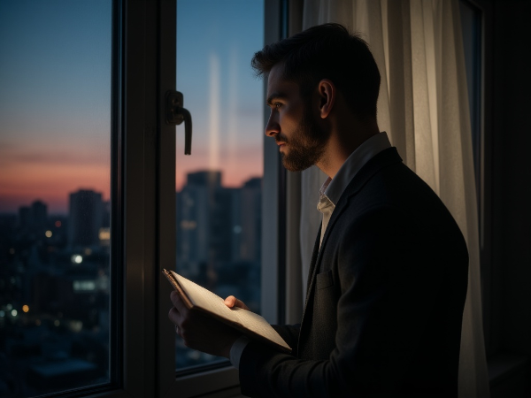 Мужчина в раздумьях смотрит в окно на вечерний город, символизируя поиск себя и внутренних ценностей.
