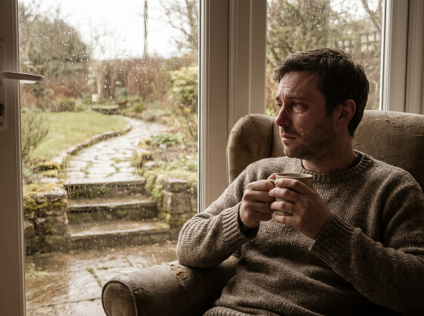 Мужчина в состоянии тихой грусти после утраты, с чашкой чая у окна, в мягком свете, с намёком на путь впереди.