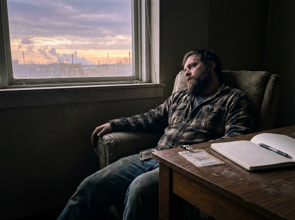 Мужчина средних лет в состоянии одиночества и размышления на рассвете, символизирующий кризис после потери работы и поиск нового пути.