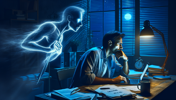 Мужчина испытывает психосоматические симптомы стресса ночью на фоне рабочего давления.