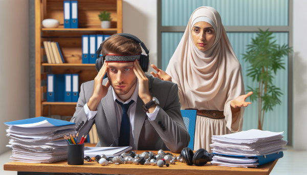 Иллюстрация показывает мужчину, который пытается сосредоточиться на работе, но отвлекается на навязчивое прослушивание музыки, с элементами баланса и спокойствия.