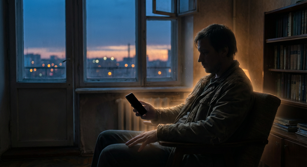 Мужчина средних лет в тихой квартире вечером, ощущающий одиночество, но с проблеском надежды на новые связи.