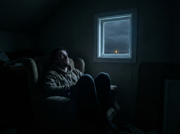 Мужчина в состоянии опустошения смотрит в потолок в темной комнате, в окне видна далекая искра света как символ надежды.