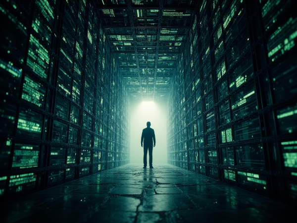 Мужчина в бесконечном цифровом коридоре из кода, символизирующем выгорание и поиск выхода, с контрастом темноты и далекого света.