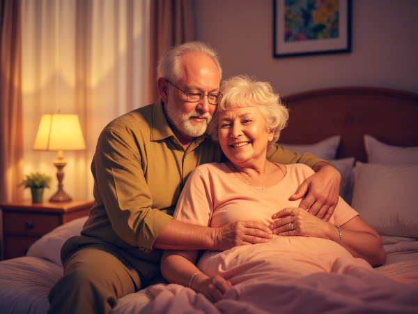 Нежная иллюстрация зрелой пары, обнимающейся в уютной спальне, передающая эмоциональную близость и поддержку.