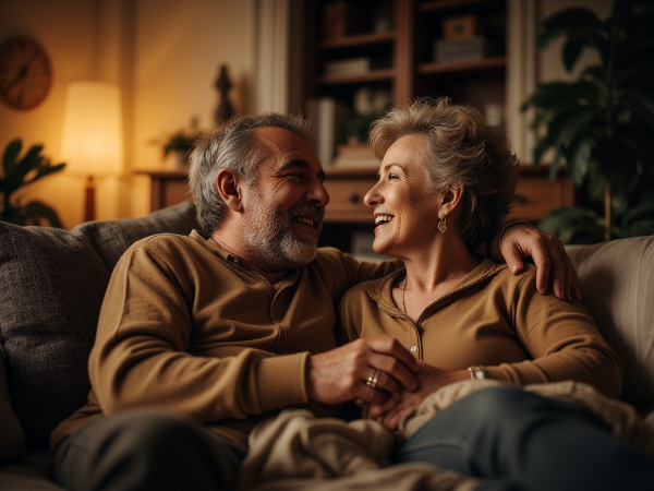Зрелая пара в теплой, доверительной обстановке дома, передающая эмоциональную близость и нежность в долгосрочных отношениях.