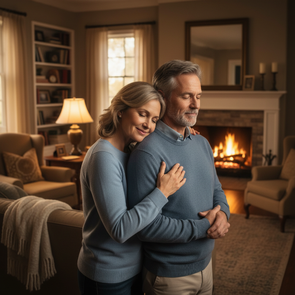 Зрелая пара в теплой, доверительной обстановке, символизирующая эмоциональную близость и поддержку.