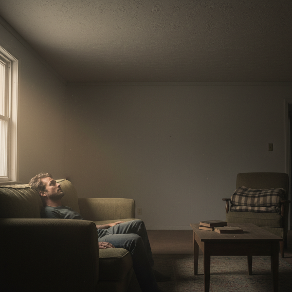 Мужчина средних лет в состоянии апатии лежит на диване в полутемной комнате, глядя в потолок. Через окно пробивается луч света, символизирующий надежду и внутренний поиск.