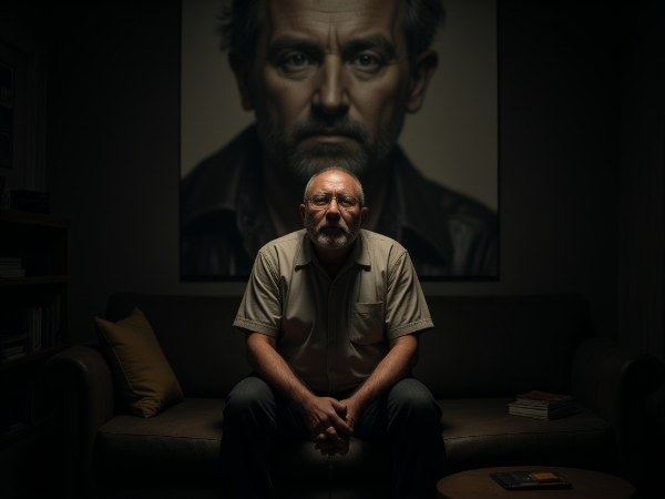 Мужчина средних лет в одиночестве, отражающий апатию и усталость, с намёком на детские воспоминания.