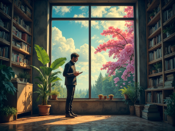 Мужчина средних лет в офисе на перепутье, смотрит в окно на символический путь к новым увлечениям и саморазвитию.