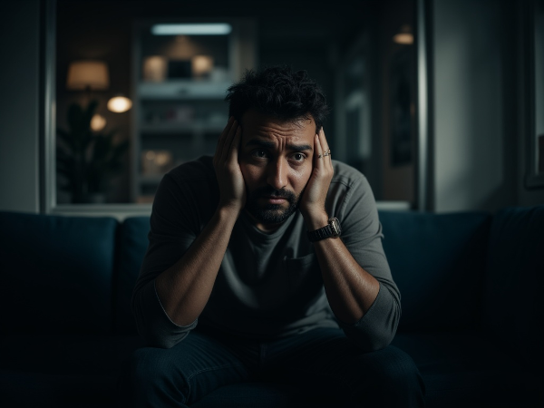Мужчина средних лет в состоянии тревоги вечером, чувствует беспокойство и страх.