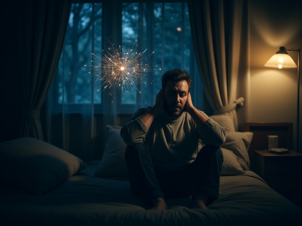 Мужчина средних лет в состоянии стресса и бессонницы, окруженный визуальными метафорами подавленных эмоций и внутренних конфликтов.