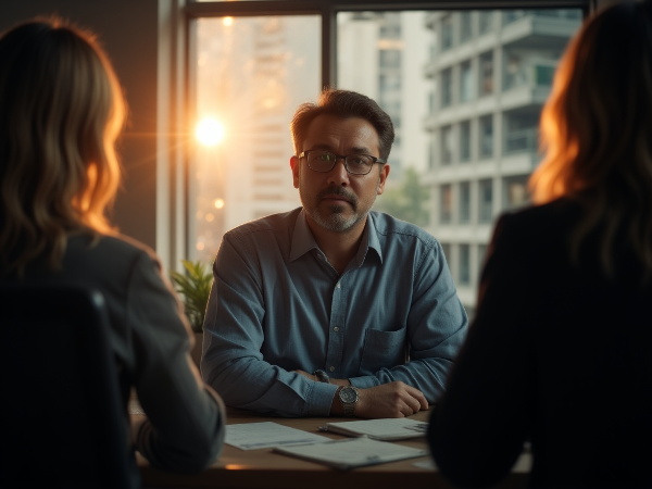 Мужчина средних лет в офисе, чувствующий себя незначительным на фоне молодых коллег, с символом внутреннего критика и лучом надежды.