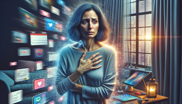 Женщина средних лет испытывает утреннюю тревогу и стеснение в груди, избегая выхода из дома, в окружении символов стресса и изоляции.