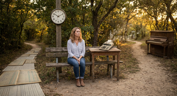 Женщина средних лет в раздумьях, окруженная символами рутины и творчества, на пороге перемен.