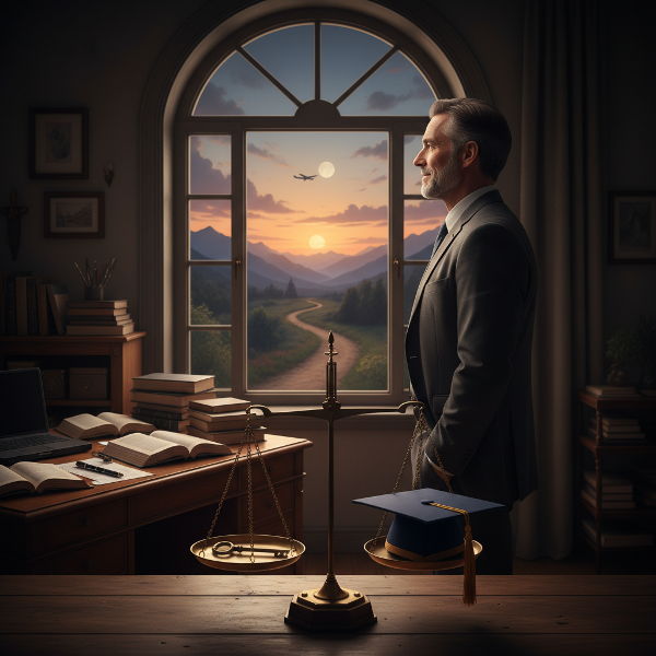 Мужчина средних лет стоит на перепутье между привычной офисной рутиной и новой, неизведанной дорогой, символизируя выбор между стабильностью и переменами.