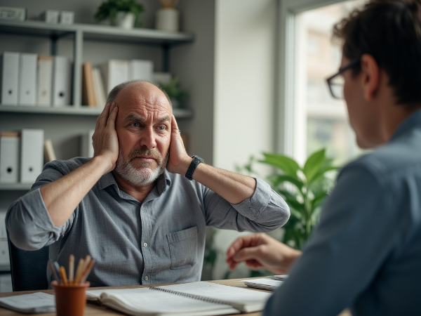 Мужчина средних лет в состоянии внутреннего конфликта, испытывающий вспышку гнева на фоне рабочих документов, а рядом — спокойный психолог, символизирующий поддержку и поиск решения.