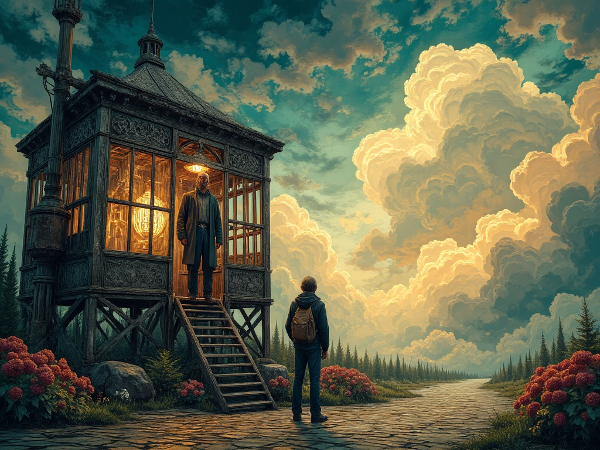 Мужчина средних лет на перепутье, символически окружённый клеткой обязательств, смотрит на открывающиеся перед ним новые пути и возможности.