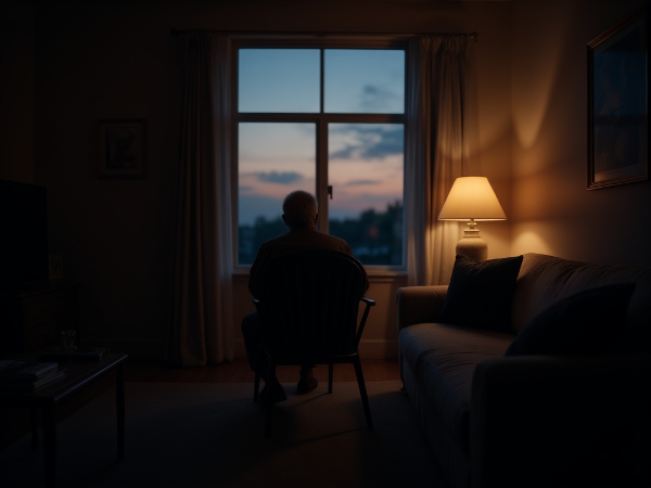 Мужчина средних лет в одиночестве размышляет в полумраке гостиной на фоне сумерек за окном.