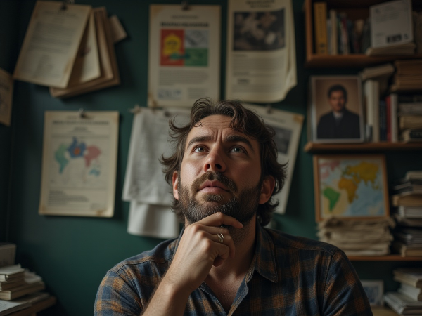 Мужчина средних лет в раздумьях о смысле жизни, окружённый символами рутины и застоя.