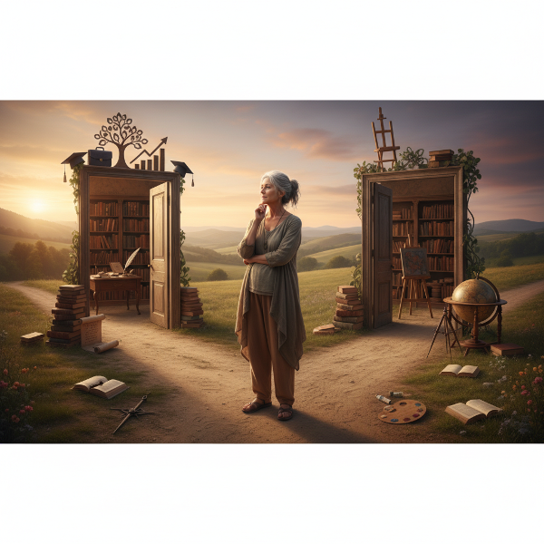 Женщина средних лет на перепутье, символизирующем жизненный кризис и поиск новых смыслов, в теплом, обнадеживающем свете.