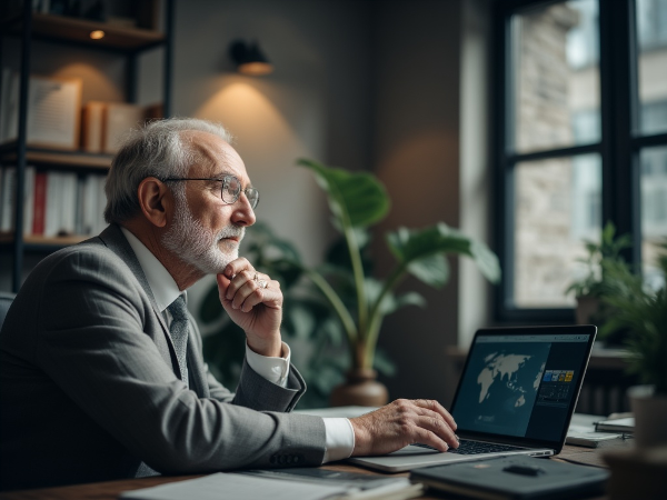 Мужчина средних лет на перепутье в офисе, задумчиво смотрит на символ выбора. Мягкий свет указывает путь, символизируя обретение уверенности и новые возможности.