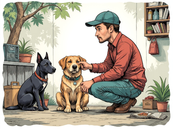 Мужчина в приюте для животных, погруженный в размышления, символизирующие поиск смысла и преодоление одиночества через осознанность.