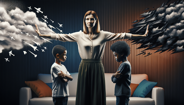 Женщина защищает двух детей от потока критики, создавая безопасное пространство в конфликтной ситуации.