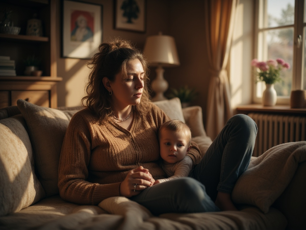 Мать и взрослый сын в одной комнате, но эмоционально разделены, с надеждой на молчаливое воссоединение.