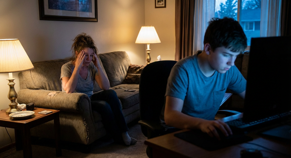 Изображение уставшей матери и подростка-сына, отдалившихся друг от друга в домашней обстановке, с компьютером как символом барьера между ними.