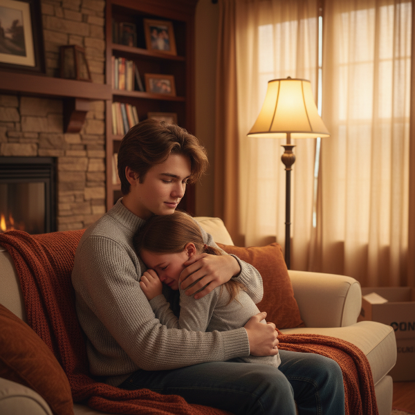 Старший брат успокаивает младшую сестру в домашней обстановке, демонстрируя поддержку и заботу.