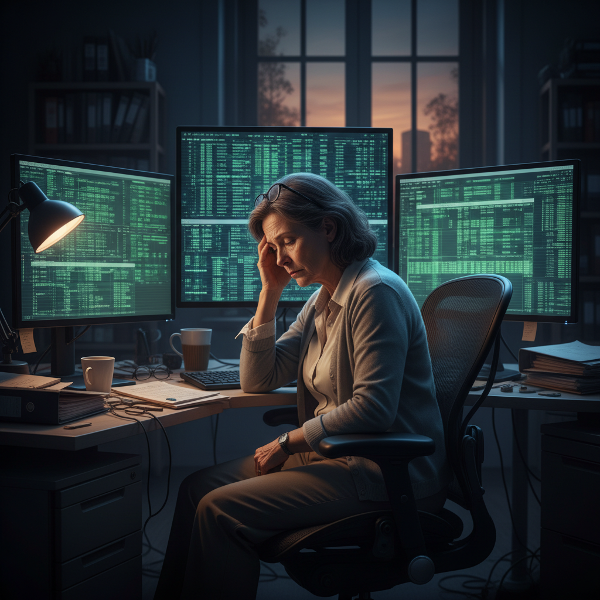 Женщина средних лет за рабочим столом с компьютером, окружённая цифрами и отчётами, выражает усталость и стресс от профессионального выгорания.