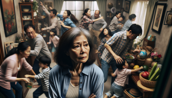 Пожилая женщина в уютном доме, окруженная семьей, но ищущая момент покоя и личного пространства.