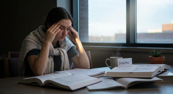 Девушка-студентка в состоянии эмоционального выгорания среди книг, с символами надежды и заботы о себе.