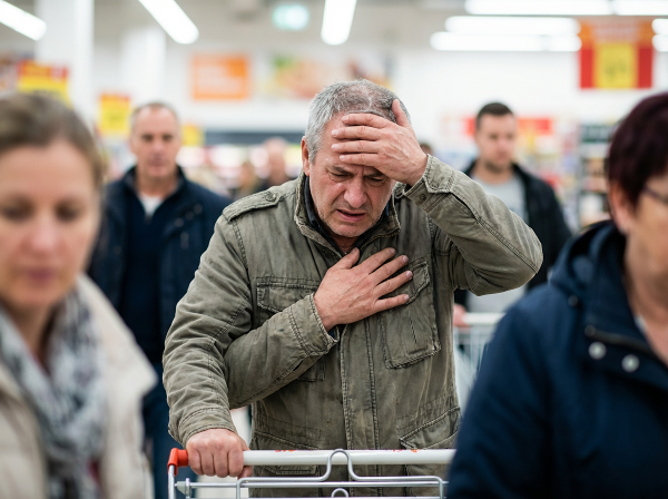 Мужчина средних лет в переполненном магазине, испытывающий панику и физический дискомфорт, символизирующий агорафобию и тревогу.