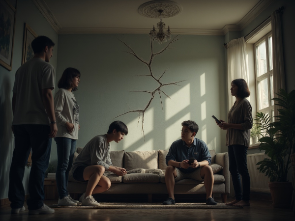 Напряженная семейная сцена с родителями в конфликте и замкнутым подростком, символизирующая кризис, но с проблеском надежды.