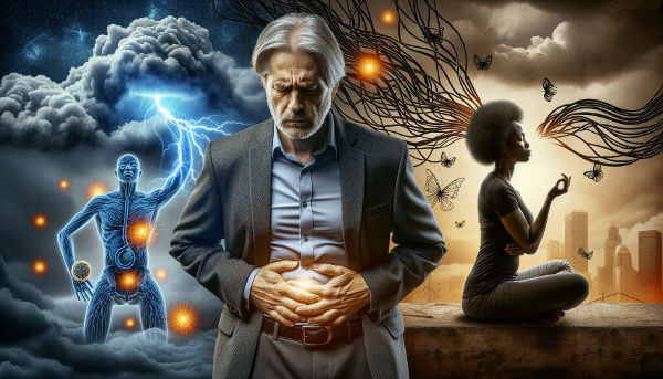 Мужчина средних лет в офисной обстановке, испытывающий физическую боль во время стресса на работе, с визуальными метафорами напряжения и облегчения.