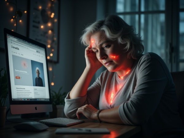 Женщина средних лет за компьютером с сайтом психолога, испытывающая психосоматические симптомы в виде головной боли и дискомфорта в желудке, с визуализацией стресса и семейного конфликта.