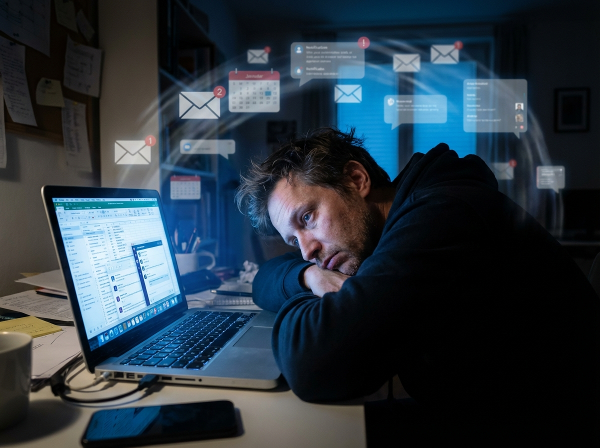 Изображение мужчины, испытывающего эмоциональное выгорание при удаленной работе, с символами цифровой перегрузки и усталости.