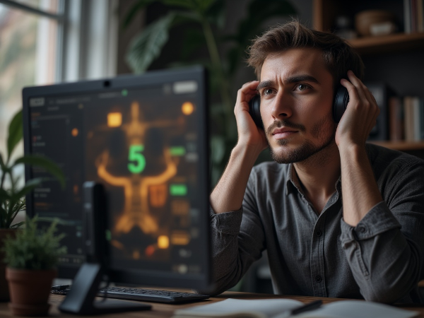 Молодой разработчик за компьютером дома практикует дыхательные упражнения для снятия стресса и восстановления баланса.