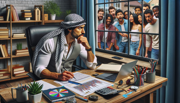 Мужчина в домашнем офисе, напряженно смотрящий на идеально спланированный рацион, в то время как друзья ждут его за дверью.