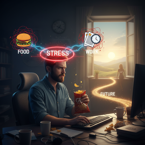 Мужчина за компьютером в ловушке стресса и переедания, с виднеющимся выходом к здоровью.