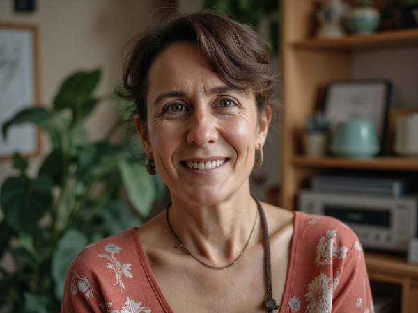 Пожилая женщина в момент размышления, окруженная символами её прошлой и нынешней жизни в сфере культуры, с элементами тревоги и поиска гармонии.