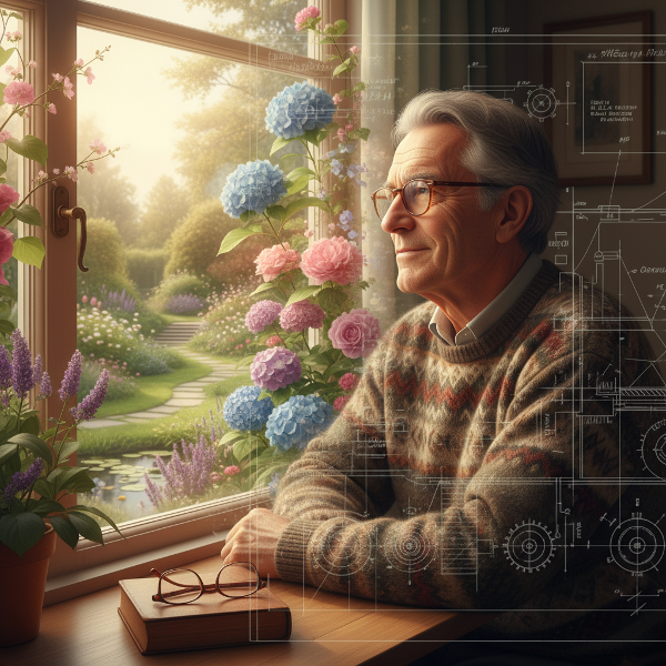 Пожилой мужчина, бывший инженер, в момент размышления, глядя в окно. Чертежи плавно переходят в изображение цветущего сада, символизируя переход к новой, наполненной жизни.