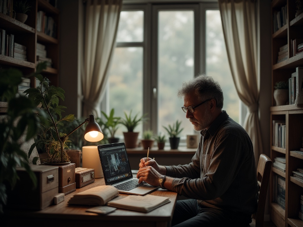 Пожилой мужчина в домашней обстановке переживает кризис после выхода на пенсию и потери друга, с проблеском новых возможностей.